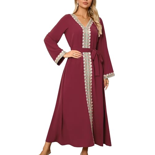 Damen Spitzenkleid Bohemian Übergröße Kleid Arabisch V-Ausschnitt Spitze Stickerei Kaftan Kleider Roben für Frauen mit Gürtel von BXCZEDW