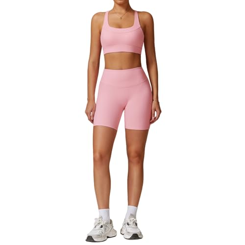 Damen-Sport-Set, 2-teilig, gerippt, Workout-Set, gekreuzte BHs, Biker-Shorts und Yoga-Leggings, Trainingsanzug-Set mit Brustpolster von BXCZEDW