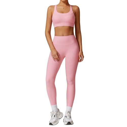 Damen-Sport-Set, 2-teilig, gerippt, Workout-Set, gekreuzte BHs, Biker-Shorts und Yoga-Leggings, Trainingsanzug-Set mit Brustpolster von BXCZEDW