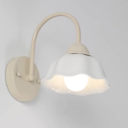 BXSUKEYOU Beige-cremefarbene Wandleuchte, Moderne, kreative Kunst-Wandleuchte mit blumenförmigem Keramikschirm, Innen-Wabi-Sabi-Dekor-Beleuchtungskörper, nordische Nachttisch-Lesewandlampe, E27 von BXSUKEYOU