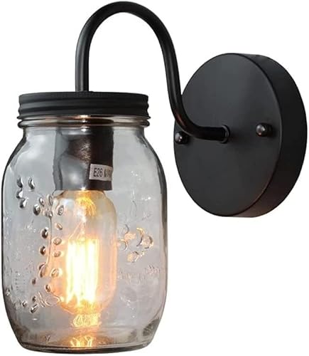 BXSUKEYOU Wandlampe im Vintage-Edison-Stil – Industrieller schwarzer Einmachglasschirm, E27-Wandleuchter für Veranda, Küche, Flur, Schlafzimmer von BXSUKEYOU