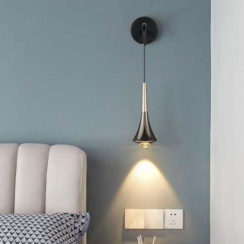 Moderne LED-Wandleuchte fürs Bett, schwarze Wandleuchte mit hängendem Draht, 8 W, Wandlampe aus Aluminium mit halbkugelförmigem Glasschirm, höhenverstellbar, Dekorationsleuchte für den Innenbereich, von BXSUKEYOU