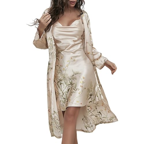 BYNYXI Damen Morgenmantel mit Nachthemd, 2tlg Seide Spaghettiträger Satin Set Morgenmantel Bride Bademantel Camisole Kimono Bademantel Damen kurz Nachtwäsche Nachtkleid für Frauen Pyjama Party BYNYXI Damen Morgenmantel mit Nachthemd, 2tlg Seide Spaghettiträger Satin Set Morgenmantel Bride Bademantel Camisole Kimono Bademantel Damen kurz Nachtwäsche Nachtkleid für Frauen Pyjama Party von BYNYXI