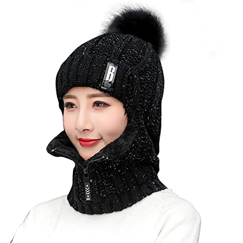 BYNYXI Damen Wintermütze Warm, 2 in1 Strickmütze Warme Winter Beanie Hat Schal mit Bommel Ohrenschutz Winddicht Mütze mit Fleecefutter Latzmütze für Damen Mädchen Halswärmer Outdoor Radfahren von BYNYXI