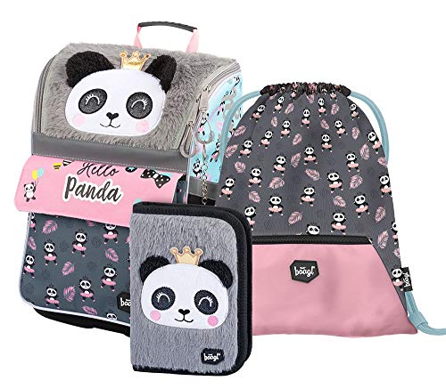 Baagl Schulranzen Mädchen Set 3 Teilig - Zippy Schultasche für 1. Klasse - Grundschule Ranzen Tornister mit Brustgurt - Ergonomischer Schulrucksack (Panda Neu) von Baagl