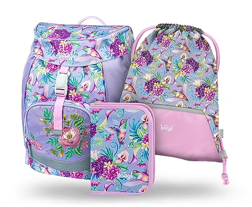 Baagl Schulranzen Mädchen für 1. Klasse, Airy Schultasche Set 3-Teilig, Grundschule Schulrucksack für Kinder, Ranzen für Schule, Tornister (Kolibri) von Baagl