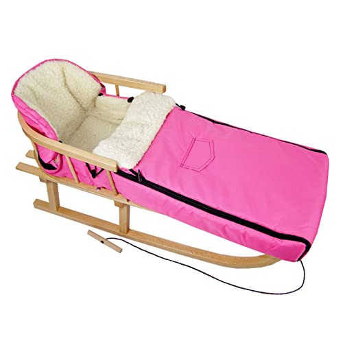 BAMBINIWELT Kombi-Angebot Holz-Schlitten mit Rückenlehne & Zugseil + universaler Winterfußsack (108cm), auch geeignet für Babyschale, Kinderwagen, Buggy, aus Wolle Uni (pink) von Babys-Dreams