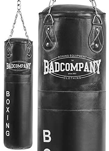 Bad Company Boxsack inkl. Heavy Duty Vierpunkt-Stahlkette I Leder Punching Bag, gefüllt I 120 x 35 cm - Schwarz von Bad Company