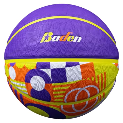 Baden Legend Court Leinwand, kreatives Design, Outdoor-Gummi-Spiel-Basketball, Jugendliche und Erwachsene, Größe 5, 6, 7 (Größe 6, Violett/Gelb/Orange) von Baden