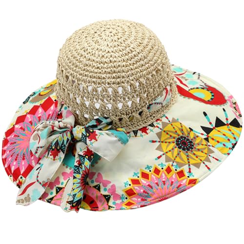 Bai42Ylou Faltbare Sonnenhüte für Frauen, farbenfrohe Boho Flora Muster Beach Sun Visor Hut mit Bogenknoten, UV -Schutz Sommer hohl breiter Krempe Strand Visiere für Frauen Urlaub von Bai42Ylou