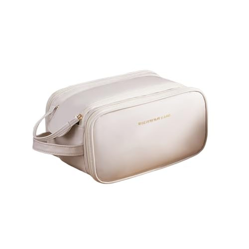 Balakaka Kosmetiktasche Damen 28 * 16 * 14.5 cm, Große Make-up-Tasche mit Bürstenfach Kulturtasche, Wasserdicht PU Leder Tragbare Makeup Bag mit Griff, Cremeweiß von Balakaka