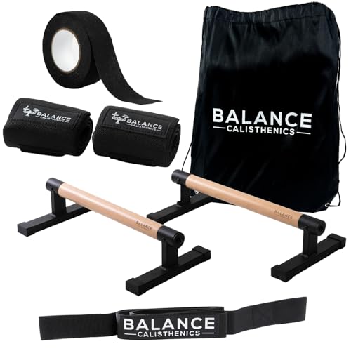 BALANCE CALISTHENICS Pro Liegestützgriffe aus Metall aus Holz mit Tasche, Griffband, Handgelenkbandagen, Paralettes, Gurt, Dip-Bar-Griffe, 2 Paralette-Handständer, rutschfeste Basis, Übungsgriff für von Balance Calisthenics