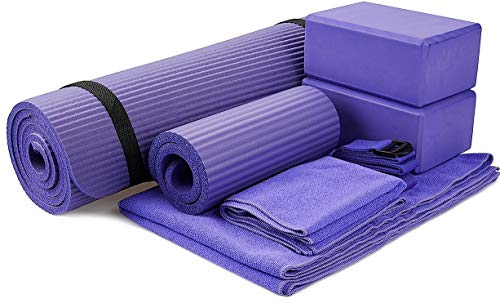 BalanceFrom GoYoga 7-teiliges Set – inklusive Yogamatte mit Tragegurt, 2 Yoga-Blöcken, Yogamatten-Handtuch, Yoga-Gurt und Yoga-Knieschoner (lila, 1,27 cm dicke Matte), violett von BalanceFrom