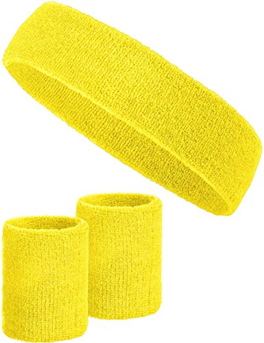 3-teiliges Schweißband-Set mit 2X Schweißbändern für die Handgelenke + 1x Stirnband für Damen & Herren (Gelb) von Balinco