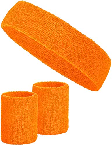 3-teiliges Schweißband-Set mit 2X Schweißbändern für die Handgelenke + 1x Stirnband für Damen & Herren (Orange) von Balinco