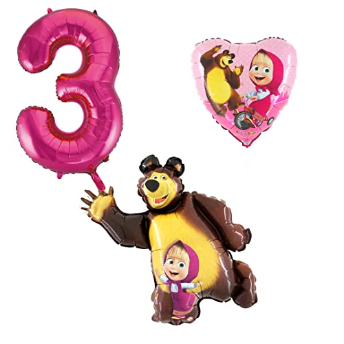 3er Set Mascha und der Bär Folienballons - Zahlenballon 3 pink - Happy Birthday Luftballons - Helium Luftgeeignet von Ballonim