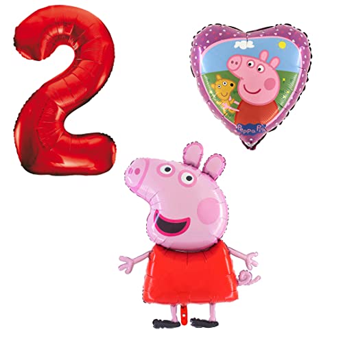 Ballonset Peppa Wutz Pig 3 er Set Peppa Folienballon, Zahl 2 in rot, Peppa mit Teddy Herz von Ballonim