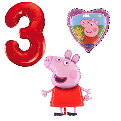 Ballonset Peppa Wutz Pig 3 er Set Peppa Folienballon, Zahl 3 in rot, Peppa mit Teddy Herz von Ballonim