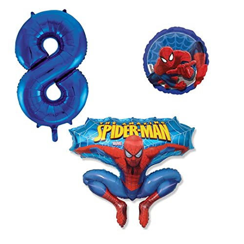 Ballonset Spiderman 3 er Set Spiderman Folienballon, Zahl 8 in Blau, Spiderman rund von Ballonim