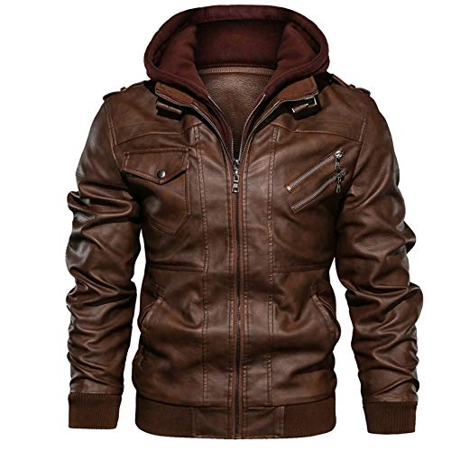 Herren Kapuzen Lederjacke Langarm Leder Hoodie Winterjacke Parka Windbreaker Jacke Winddichte Outdoor Jacke Herbst Winter Männer Mode Bomberjacke Fliegerjacke Streetwear (Braun, 2XL) von Balock