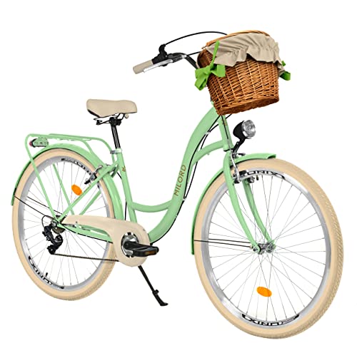 Komfort Fahrrad mit Weidenkorb, Hollandrad, Damenfahrrad, Citybike, Vintage, 26 Zoll, Grün-Creme, 7-Gang Shimano von Balticuz OU