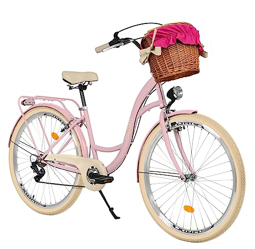 Milord Komfort Fahrrad mit Weidenkorb, Hollandrad, Damenfahrrad, Citybike, Vintage, 28 Zoll, Rosa-Creme, 7-Gang Shimano von Balticuz OU