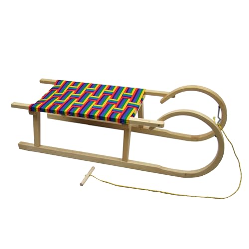 BAMBINIWELT Holzschlitten Hörnerrodel mit Zugseil, Sitzfläche aus Kunstfasern im Regenbogendesign,100cm von BambiniWelt by Rafael K.