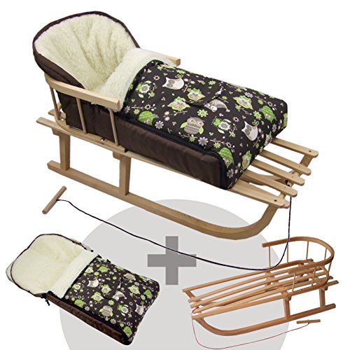 BAMBINIWELT KOMBI-ANGEBOT Holz-Schlitten mit Rückenlehne & Zugseil + universaler Winterfußsack (108cm), auch geeignet für Babyschale, Kinderwagen, Buggy, aus Wolle im Eulendesign (Motiv $14) von BambiniWelt by Rafael K.