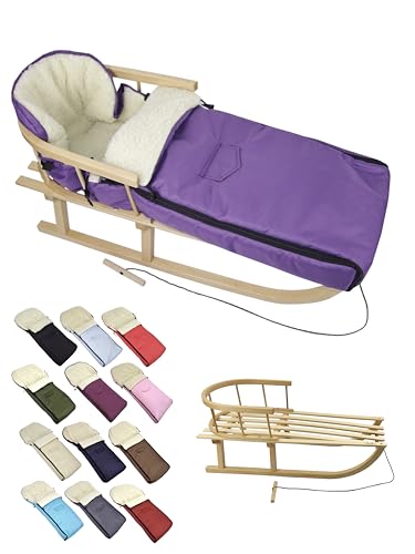 Kombi-Angebot Holz-Schlitten mit Rückenlehne & Zugseil + universaler Winterfußsack (108cm), auch geeignet für Babyschale, Kinderwagen, Buggy, aus Wolle Uni (lila) von BambiniWelt by Rafael K.