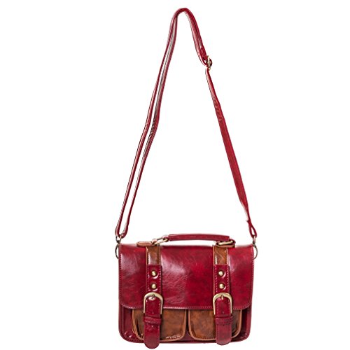 Banned Damen Vintage Satchel Schultertasche mit Schnallen - Leather Leila Kleine Retro Umhängetasche aus Kunstleder Rot von Banned