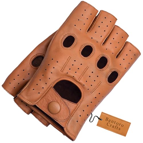 Bantoro Crafts Hochwertige Fingerlose Handschuhe aus braunem Schaffell – bequem, atmungsaktiv, Touchscreen-freundlich (L) von Bantoro Crafts