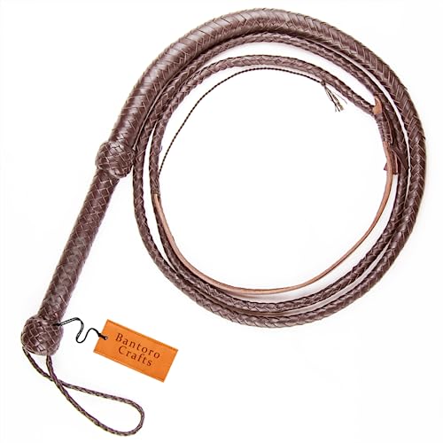 Bantoro Crafts Indiana Jones Bullwhip aus echtem Leder, 2,4 m Länge, 12 geflochtene Bullwhipsche, Reiten, laute Peitsche, Rinder, Braun von Bantoro Crafts