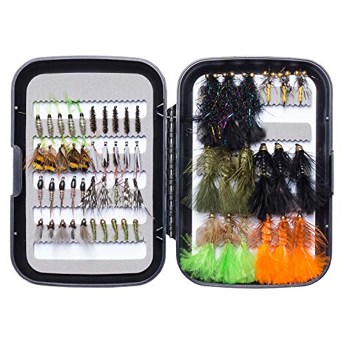 BASSDASH Forellen-Fliegenhaken, Stahlkopf, Lachsangeln, ohne Widerhaken, inklusive Trockenfliegen, Nymphen, Eier, Fliegenköder-Set mit Fliegenbox (58 Stück Forellenfliegen) von Bassdash