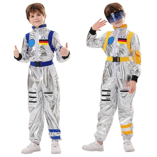 Bastwahl Astronaut Kostüm Herren Damen Kinder Silber mit Zubehör - Astronauten Kostüm mit Brillen Weltall Raumfahrer Anzug Spaceman Overall Outfit von Bastwahl