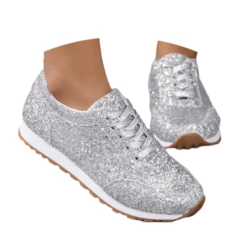 Bastwahl Glitzer Schuhe Damen Silber Glitzer - Pailletten Sneaker Flach Schuhe Laufschuhe Glitzer Mode Freizeit Schnürer Sportschuhe Glänzende Schuhe Schuhe Bunt Turnschuhe von Bastwahl