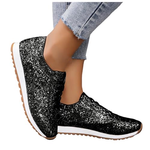 Bastwahl Glitzer Sneaker Damen Schwarz Silber - Hochzeits Walking Schuhe Funkelnde Bling Shiny Dressy Bedazzled Modische Sneakers Glitzernde Schuhe Glitzer Sneakers Schnürschuhe von Bastwahl