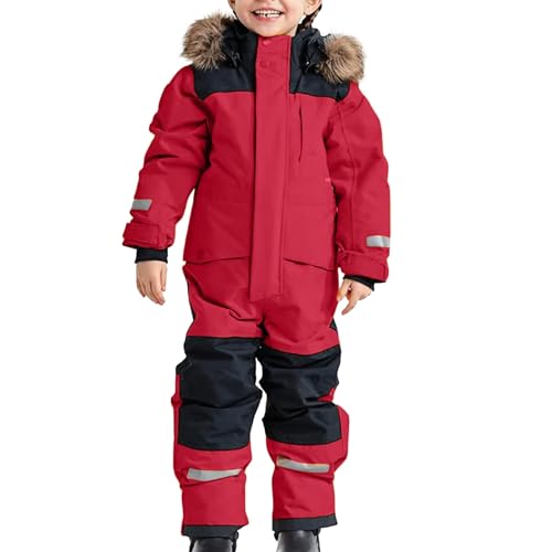 Bastwahl Kinder Schneeanzug Warmes Skioverall Unisex - Wasserdicht Skianzüge Winddicht Schneeoverall Outdoor Softshell Dicke Fellkragenkapuze Skijacke Skihose Einteiliges Reflektierenden Streifen von Bastwahl