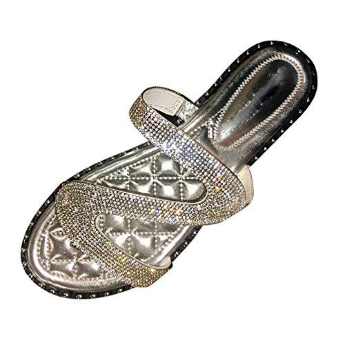 Bastwahl Silber Sandaletten mit Absatz Damen Glitzer Leichte Flache Sandalen Damenschuhe Knöchelriemen Breite Füße Sommer Freizeit Zehentrenner Kleid Strandschuhe mit Absatz mit Rutschfestem Fussbett von Bastwahl