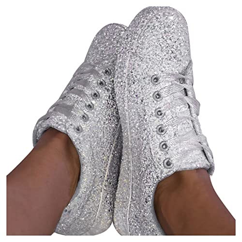 Bastwahl Turnschuhe Für Damen Weiß Mit Glitzer - Pailletten Sneaker Flach Schuhe Laufschuhe Glitzer Mode Schuhe Bunt Turnschuhe Freizeit Schnürer Sportschuhe Glänzende Schuhe von Bastwahl