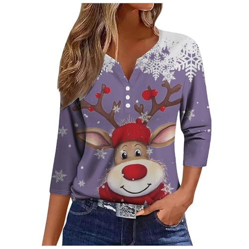 Bastwahl Weihnachts Tshirt Damen Lustig - Weihnachtsshirt V Ausschnitt Tshirt 3/4 Arm Frauen Günstig Weihnachten 3/4 Ärmel Blusentops Oversized Shirt Weihnachtsmann Knöpfen Hemde Slim von Bastwahl