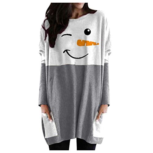 Bastwahl Weihnachtsbluse Damen Lustig Lang Große Größe - Longpullover Langarmshirt Lang Oversized Rundhalsausschnitt T-Shirts Sweashirt Tunika Damen Pulli Long-Shirt Kleid mit Taschen von Bastwahl