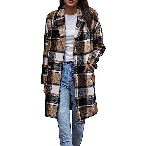 Bastwahl Wollmantel Damen Lang Kariert Stehkragen Winter - Trenchcoat Lässige Revers Vintage Jacke Plus Größe Tartan mit Tasche Jacke Wolle Wintermantel Warmer Übergangsjacke Outwear von Bastwahl