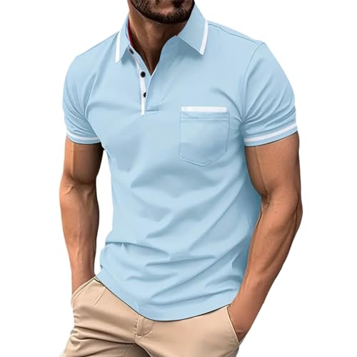 Black Friday Angebote 2025,Poloshirt Herren Kurzarm Modern mit Brusttasche T-Shirts Polohemd Freizeit Sommer Sommershirts mit Lässigem Kragen Atmungsaktiv Oberteile Hellblau XXL von Bastwahl