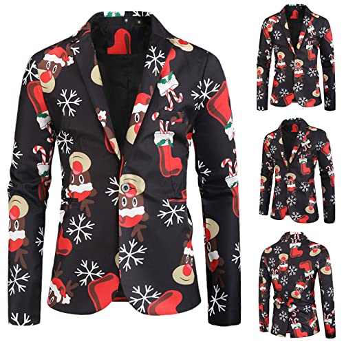 Herren Weihnachtsblazer Langarm - Jacke Schmaler Einreihiger Mantel Freizeit Jackett Weihnachtsblazer Elk Print Sakko Weihnachten Slim Fit Blazer Revers Freizeit Langarm Anzug Festlich Kostüm von Bastwahl