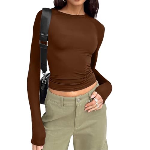 Skims Langarmshirt Slim Fit Damen Y2K - Oberteile Langarm Shirts Rundhals Cropped Tee Einfarbig Basic Crop Tops Casual Athletisches Top Teenager Streetwear Vintage Clothes Stockholm Style von Bastwahl