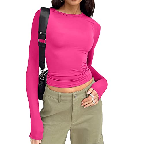 Skims Langarmshirt Slim Fit Damen Y2K - Oberteile Langarm Shirts Rundhals Cropped Tee Einfarbig Basic Crop Tops Casual Athletisches Top Teenager Streetwear Vintage Clothes Stockholm Style von Bastwahl