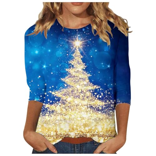 Weihnachts Shirt 3/4 arm Damen Baumwolle Rot Lustig - Weihnachtsshirt Rundhalsausschnitt Oberteile Tops Weihnachtsbaum Druck Festlich Leicht Und Luftig Langarmshirt T-Shirt Weihnachtshemd von Bastwahl