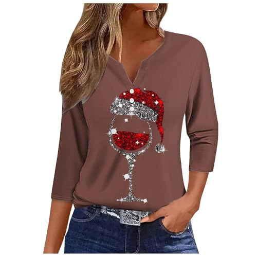 Weihnachts Tshirt Damen Mit V Ausschnitt - Weihnachtsmann Knöpfen Hemde Slim Weihnachten 3/4 Ärmel Tshirt 3/4 Arm Frauen Günstig Weihnachtsshirt V Ausschnitt Blusentops Oversized Shirt von Bastwahl