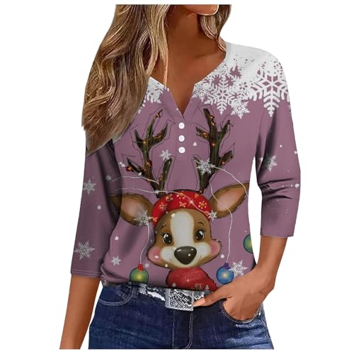 Weihnachtsbluse Damen Baumwolle - Tshirt 3/4 Arm Frauen Günstig Weihnachten 3/4 Ärmel Blusentops Oversized Shirt Weihnachtsmann Knöpfen Hemde Slim Weihnachtsshirt V Ausschnitt von Bastwahl