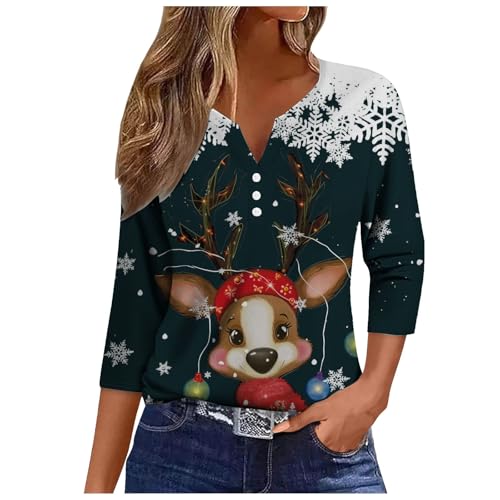 Weihnachtsbluse Damen Baumwolle - Tshirt 3/4 Arm Frauen Günstig Weihnachten 3/4 Ärmel Blusentops Oversized Shirt Weihnachtsmann Knöpfen Hemde Slim Weihnachtsshirt V Ausschnitt von Bastwahl